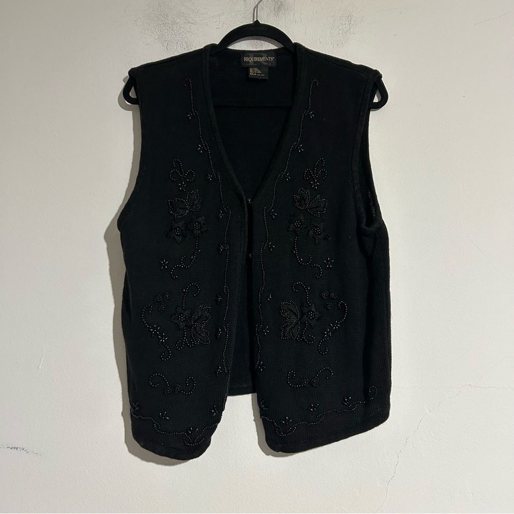 Vintage Floral Beaded Open Sweater Vest Black Large Whimsigoth Witchy Dark